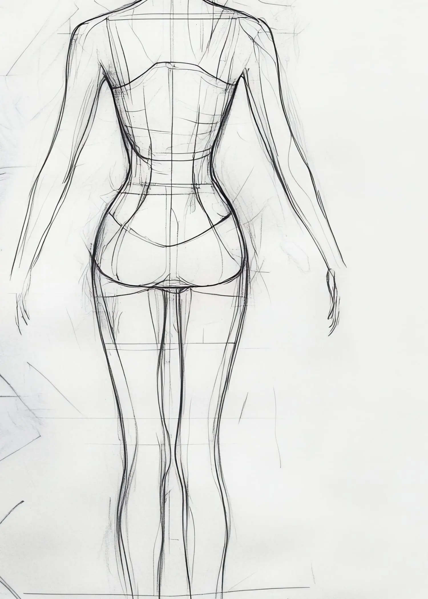 A hand drawn sketch prior to woman’s form, in step 2–design process a tool that is used to create the custom sketch tailored for the client after consultation