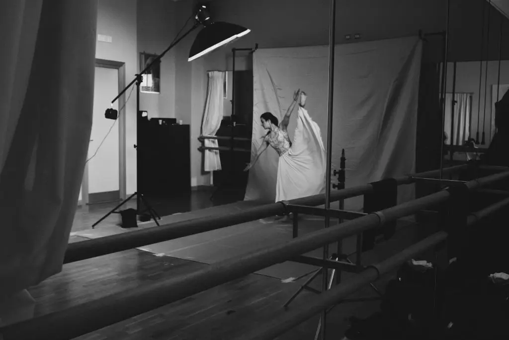 measuring taoe aand chalk image dance studio black and white photo of dancer 