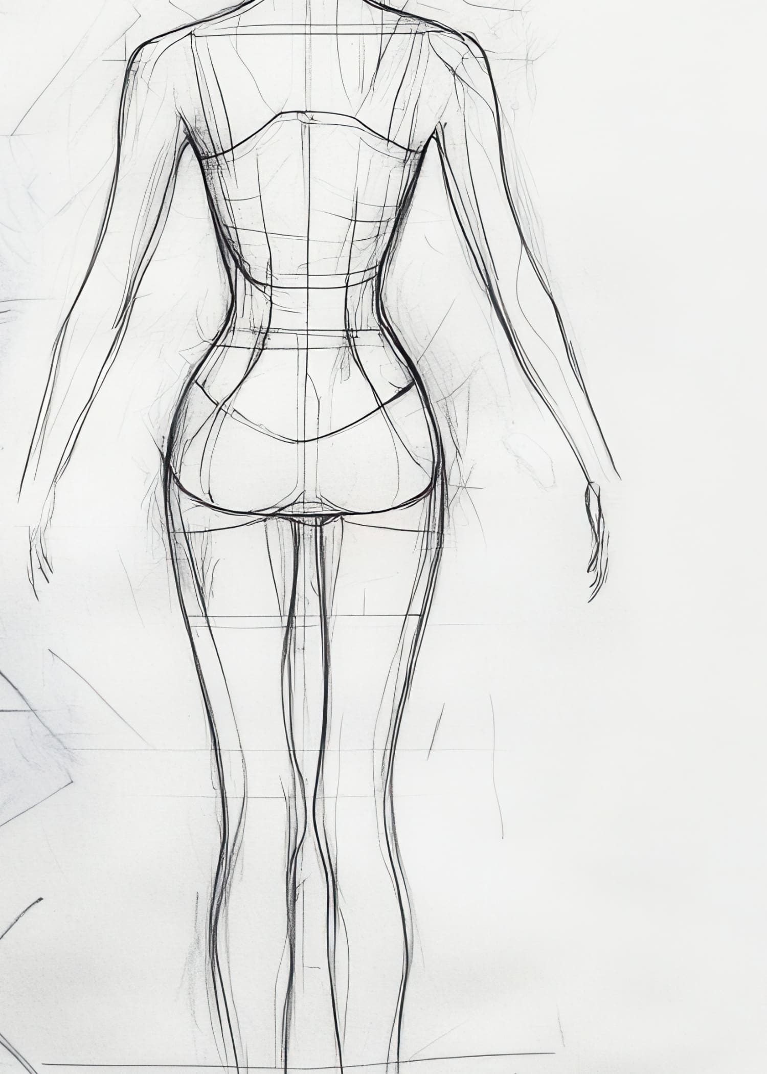 A hand drawn sketch prior to woman’s form, in step 2–design process a tool that is used to create the custom sketch tailored for the client after consultation 