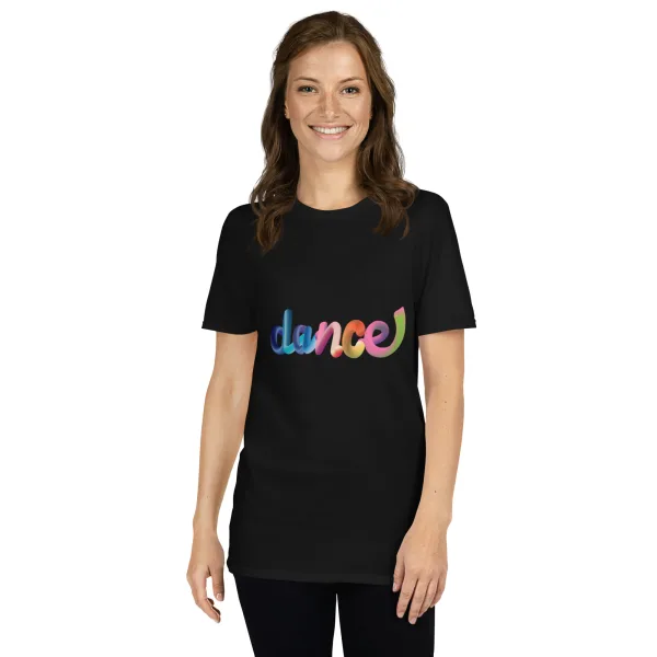3D vibe dance short sleeve t-shirt unisex women modeling the front of the t-shirt design