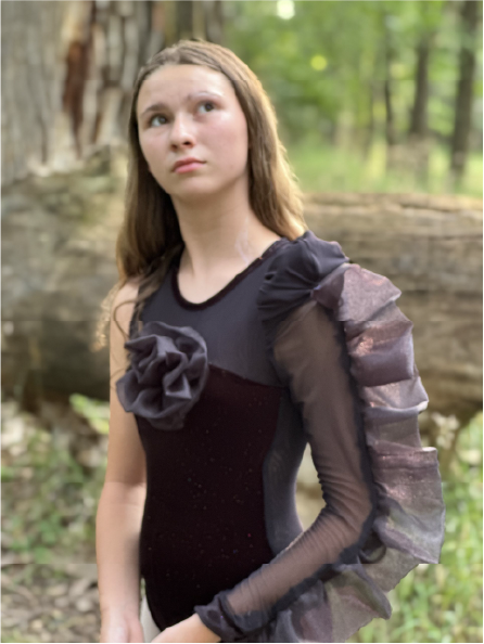 SOLO CUSTOM COSTUME CREATED BY SEWN 2 DANCE BLACK VELVET ONE SLEEVE WITH RUFFLE AND LARGE ROSE ON FRON